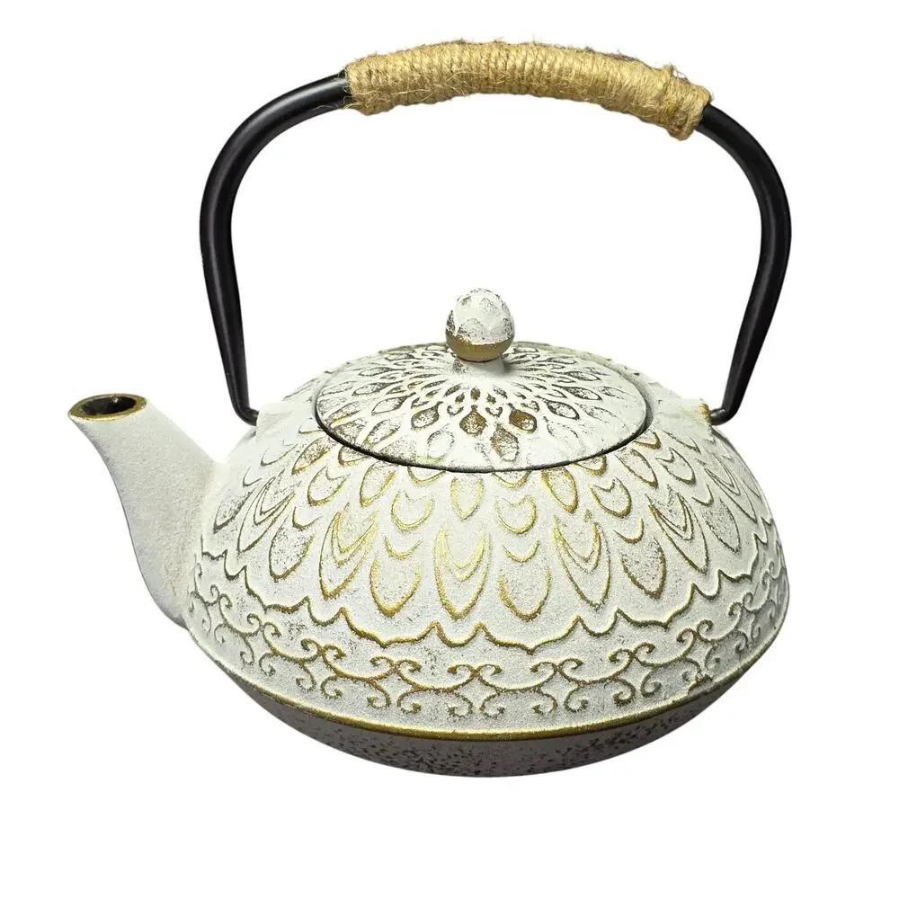 Vintage Colored Cast Iron Teapot Wicker Handle & Removable Infuser Tea Kettle